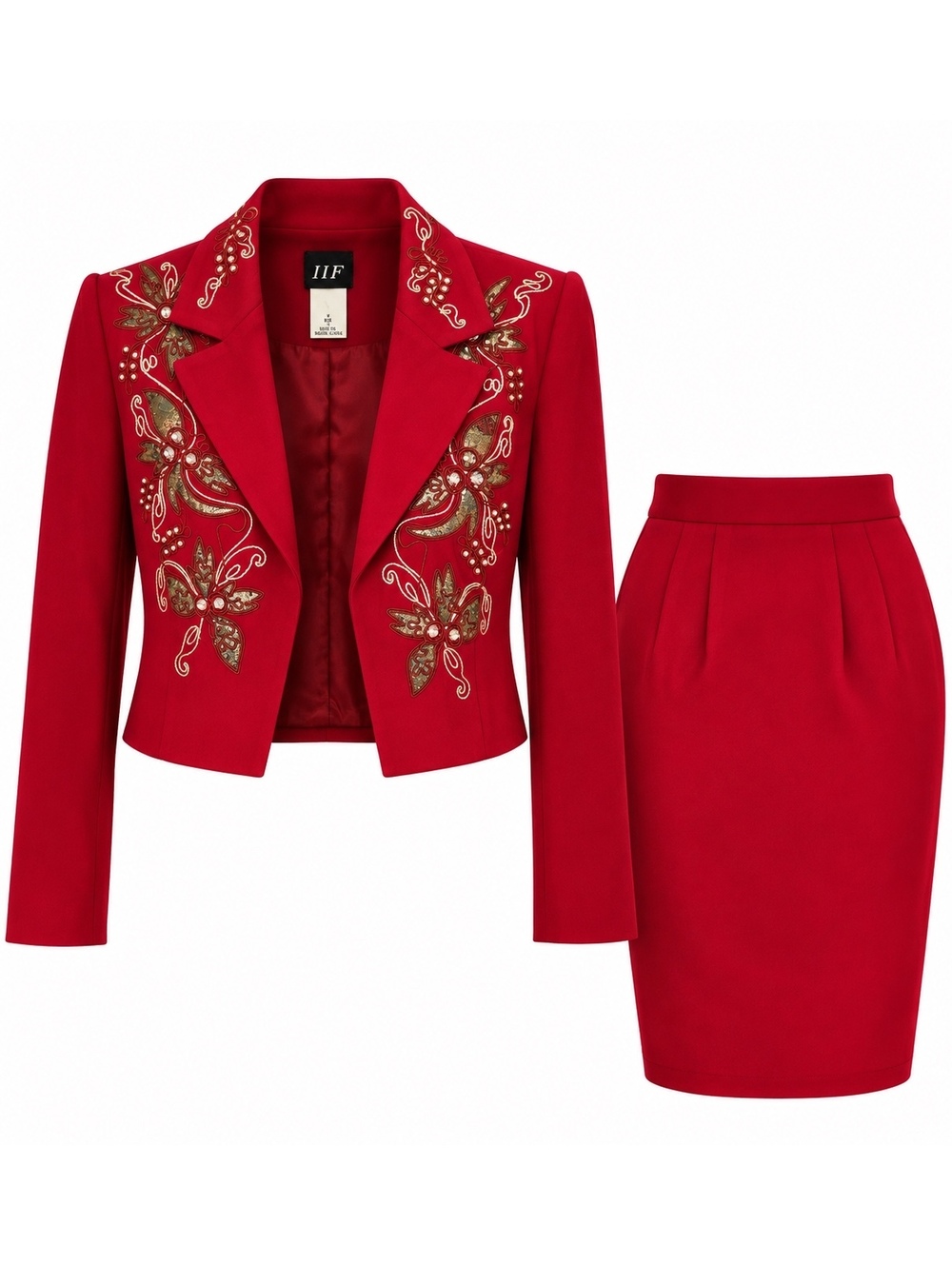 Vintage IIF Red Embellished Blazer & Pencil Skirt Set
